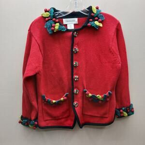 VTG Lisa Nichols 90's Button Front Christmas Holly Berry Cardigan Sweater Medium